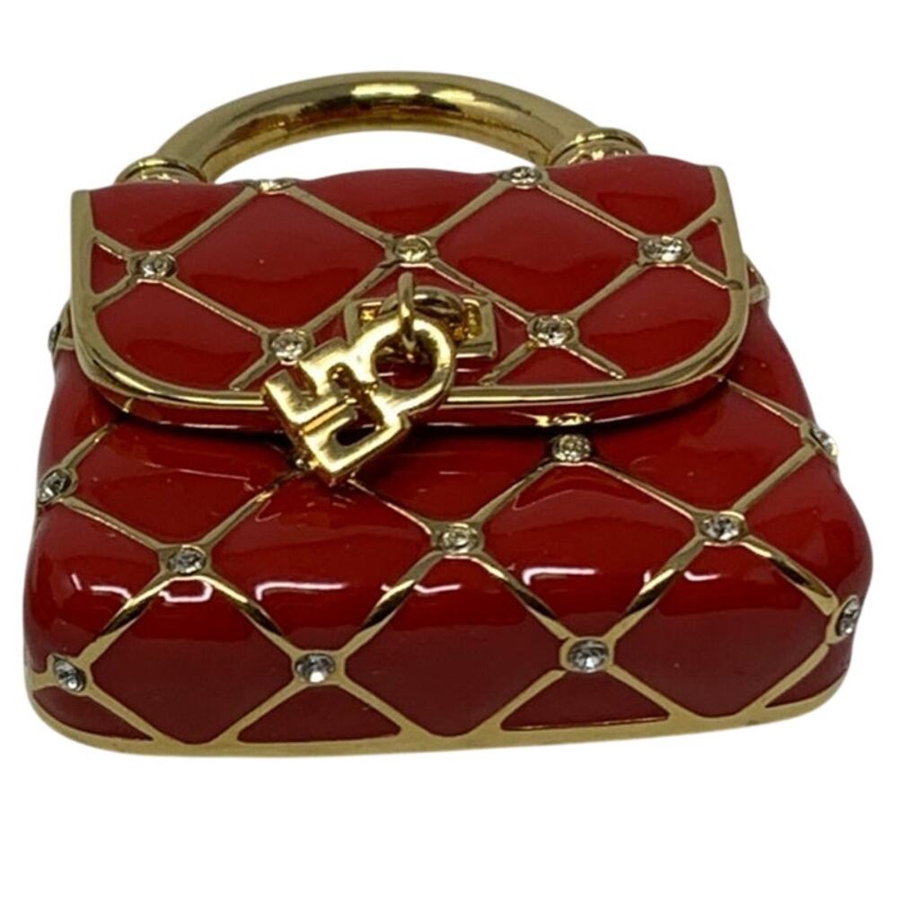 VTG St. John Quilted Handbag Brooch Enamel Red Gold Tone Crystal Mini Purse Pin - Picture 2 of 4
